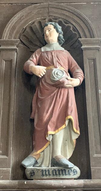 Statue polychrome de Saint Mamès tenant une rose, retable droit